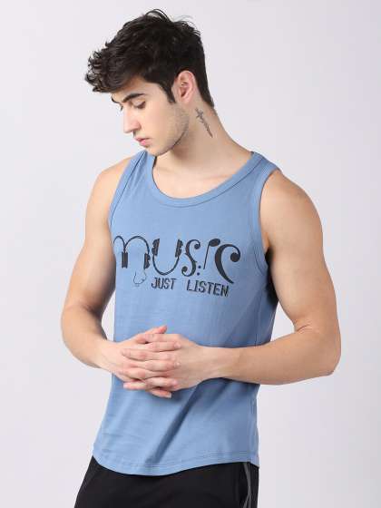 Bushirt Men Blue Typography Printed Sleeveless Cot